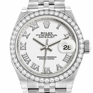 Rolex Datejust 28 White Roman Dial Diamond Bezel Steel Jubilee Ladies Watch 279384Rbr