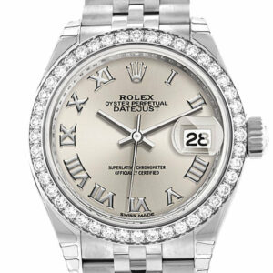 Rolex Datejust 28 Silver Roman Dial Diamond Bezel Steel Jubilee Ladies Watch 279384Rbr