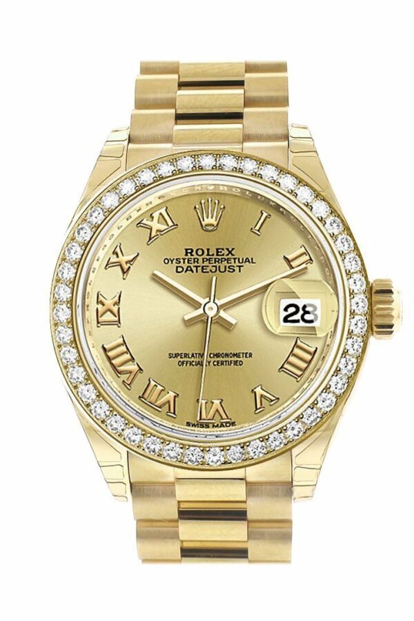 Rolex Datejust 28 Champagne Roman Dial Diamond Bezel President Ladies Watch 279138Rbr