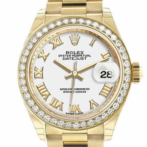 Rolex Datejust 28 White Roman Dial Diamond Bezel President Ladies Watch 279138Rbr