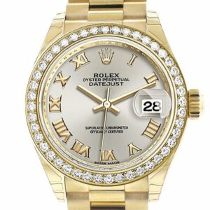 Rolex Datejust 28 Silver Roman Dial Diamond Bezel President Ladies Watch 279138Rbr