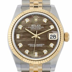 Rolex Datejust 31 Black Mother-Of-Pearl Diamond Dial Fluted Bezel 18K Yellow Gold Two Tone Jubilee