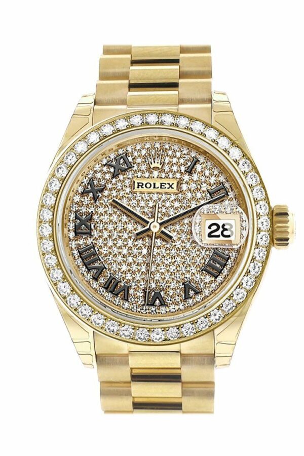 Rolex Datejust 28 Diamond Paved Roman Dial Bezel President Ladies Watch 279138Rbr