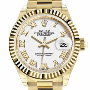 Rolex Datejust 28 White Roman Dial Fluted Bezel President Ladies Watch 279178