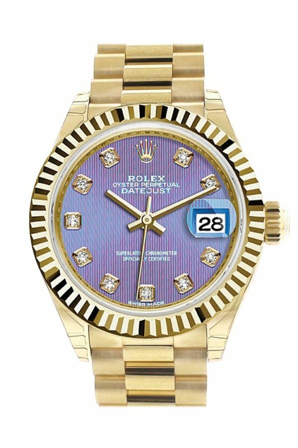 Rolex Datejust 28 Lavendar Diamond Dial Fluted Bezel President Ladies Watch 279178