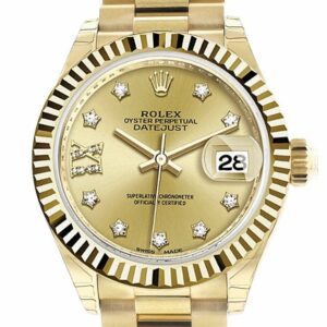 Rolex Datejust 28 Champagne Star Fluted Dial Diamond Bezel President Ladies Watch 279178