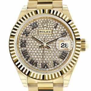 Rolex Datejust 28 Diamond Paved Roman Dial Fluted Bezel President Ladies Watch 279178