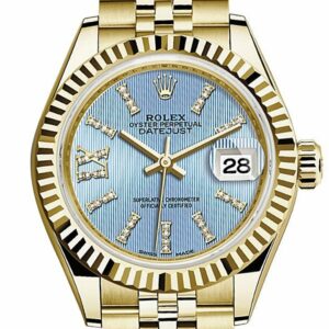 Rolex Datejust 28 Cornlower Blue Large Roman Diamond Dial Fluted Bezel Jubilee Ladies Watch 279178