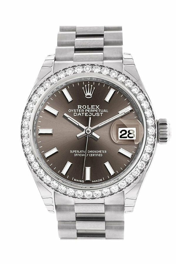 Rolex Datejust 28 Dark Grey Dial Diamond Bezel President Ladies Watch 279136Rbr