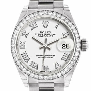 Rolex Datejust 28 White Roman Dial Diamond Bezel President Ladies Watch 279136Rbr