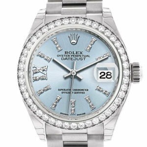 Rolex Datejust 28 Ice Blue Diamond Set In Roman Dial Bezel President Ladies Watch 279136Rbr