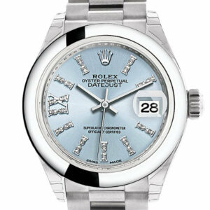 Rolex Datejust 28 Ice Blue Diamond Set In Roman Dial Dome Bezel President Ladies Watch 279166