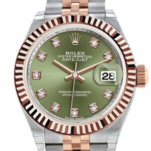 Rolex Datejust 28 Olive Green Diamond Dial Fluted Bezel Jubilee Ladies Watch 279171