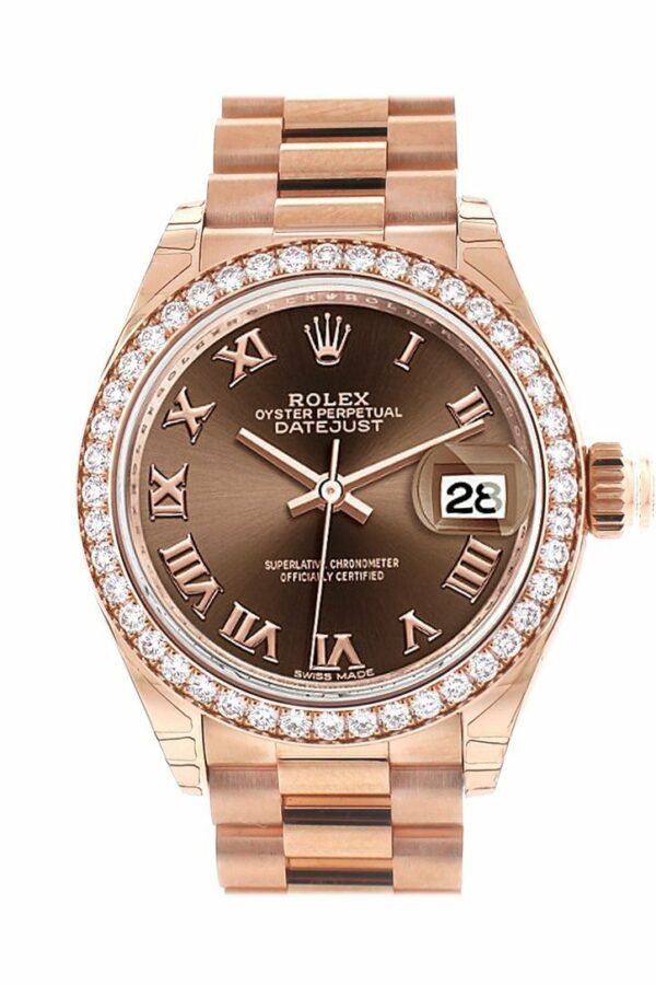 Rolex Datejust 28 Chocolate Roman Dial Diamond Bezel Rose Gold President Ladies Watch 279135Rbr /