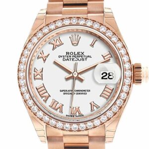 Rolex Datejust 28 White Roman Dial Diamond Bezel Rose Gold President Ladies Watch 279135Rbr / None