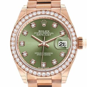 Rolex Datejust 28 Olive Green Diamond Dial Bezel Rose Gold President Ladies Watch 279135Rbr / None