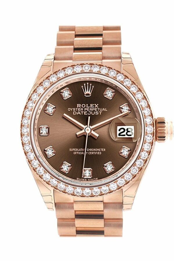 Rolex Datejust 28 Chocolate Diamond Dial Bezel Rose Gold President Ladies Watch 279135Rbr / None