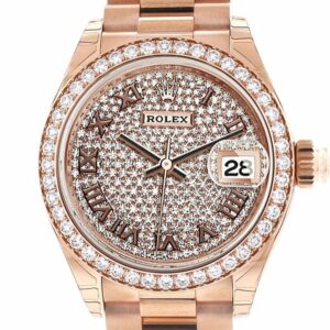 Rolex Datejust 28 Diamond Paved Roman Dial Bezel Rose Gold President Ladies Watch 279135Rbr / None