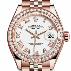 Rolex Datejust 28 White Roman Dial Diamond Bezel Rose Gold Jubilee Ladies Watch 279135Rbr / None