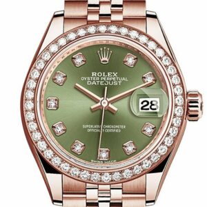 Rolex Datejust 28 Olive Green Diamond Dial Bezel Rose Gold Jubilee Ladies Watch 279135Rbr / None