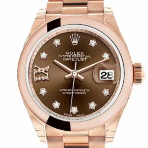 Rolex Datejust 28 Chocolate 9 Diamonds Set In Star Dial Rose Gold President Ladies Watch 279165 /