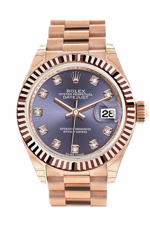 Rolex Datejust 28 Aubergine Diamond Fluted Bezel Dial Rose Gold President Ladies Watch 279175 / None