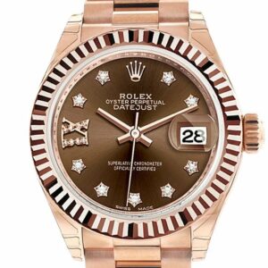 Rolex Datejust 28 Chocolate 9 Diamonds Set In Star Dial Fluted Bezel Rose Gold President Ladies