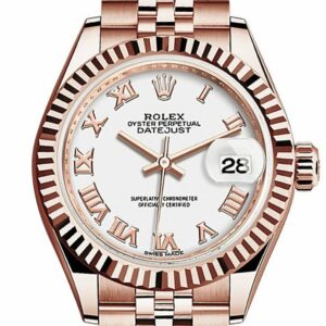 Rolex Datejust 28 White Roman Dial Fluted Bezel Rose Gold Jubilee Ladies Watch 279175 / None