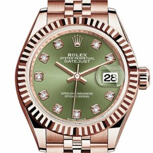 Rolex Datejust 28 Olive Green Diamond Dial Fluted Bezel Rose Gold Jubilee Ladies Watch 279175 / None