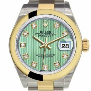 Rolex Datejust 28 Mint Green Diamond Dial Yellow Gold Two Tone Ladies Watch 279163