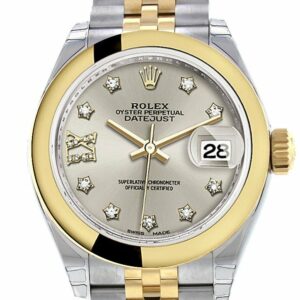 Rolex Datejust 28 Silver 9 Diamonds Set In Star Dial Yellow Gold Two Tone Jubilee Ladies Watch