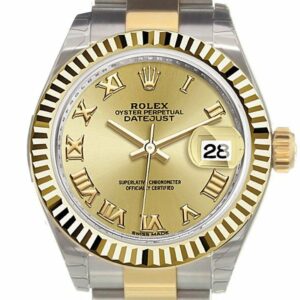 Rolex Datejust 28 Champagne Roman Dial Fluted Yellow Gold Two Tone Ladies Watch 279173