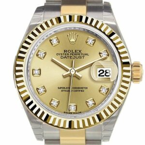 Rolex Datejust 28 Champagne Diamond Dial Fluted Yellow Gold Two Tone Ladies Watch 279173