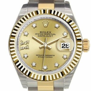 Rolex Datejust 28 Champagne 9 Diamonds Set In Star Dial Fluted Yellow Gold Two Tone Ladies Watch