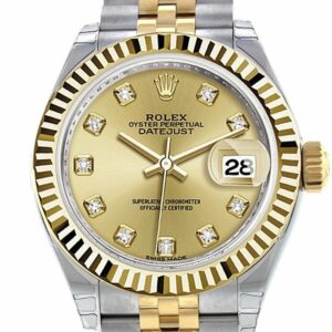 Rolex Datejust 28 Champagne Diamond Dial Fluted Yellow Gold Two Tone Jubilee Ladies Watch 279173 /