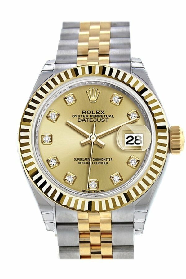 Rolex Datejust 28 Champagne Diamond Dial Fluted Yellow Gold Two Tone Jubilee Ladies Watch 279173 /