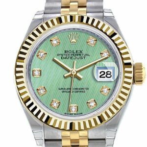 Rolex Datejust 28 Mint Green Diamond Dial Fluted Yellow Gold Two Tone Jubilee Ladies Watch 279173 /