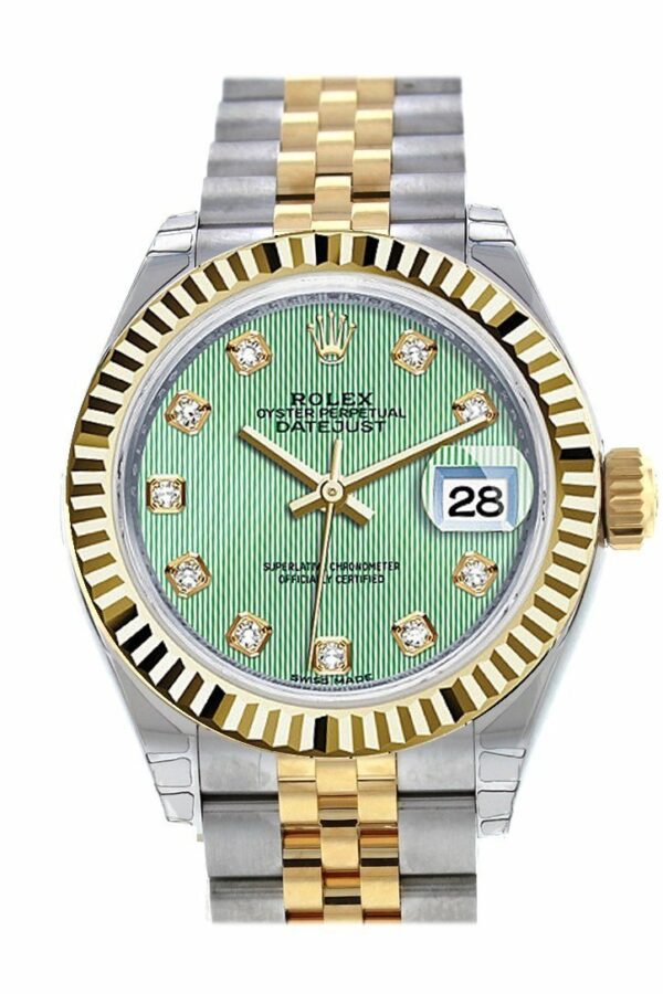 Rolex Datejust 28 Mint Green Diamond Dial Fluted Yellow Gold Two Tone Jubilee Ladies Watch 279173 /