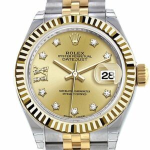 Rolex Datejust 28 Champagne 9 Diamonds Set In Star Dial Fluted Yellow Gold Two Tone Jubilee Ladies