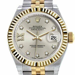 Rolex Datejust 28 Silver 9 Diamonds Set In Star Dial Fluted Yellow Gold Two Tone Jubilee Ladies