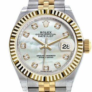 Rolex Datejust 28 Mother Of Pearl Diamond Dial Fluted Yellow Gold Two Tone Jubilee Ladies Watch