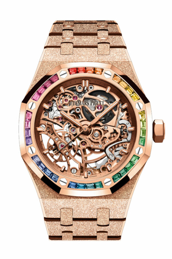 Audemars Piguet Royal Oak Frosted Gold Double Balance Wheel Openworked Rose Gold 37mm Rainbow Sapphire Watch 15468OR.YG.1259OR.01-B