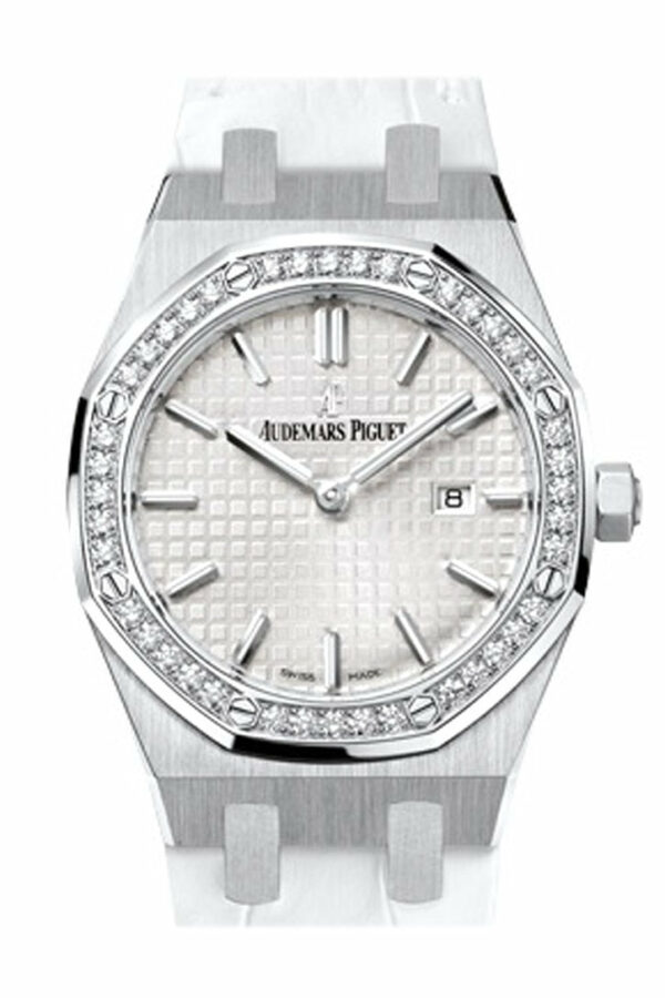 Audemars Piguet Royal Oak 33Mm Silver-Toned Dial Diamond White Crocodile Strap Ladies