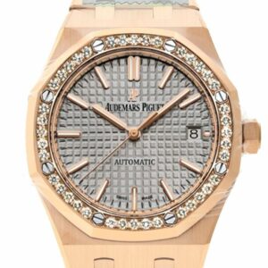 Audemars Piguet Royal Oak 37Mm Grey Nickel-Toned Dial Automatic 18K Pink Gold Ladies Diamond Watch