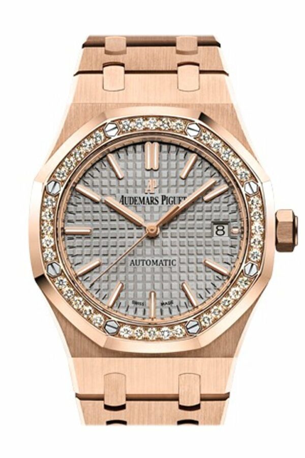 Audemars Piguet Royal Oak 37Mm Grey Nickel-Toned Dial Automatic 18K Pink Gold Ladies Diamond Watch