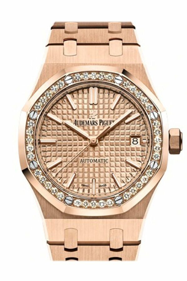 Audemars Piguet Royal Oak 37Mm Pink Gold-Toned Automatic 18K Gold Ladies Diamond Watch