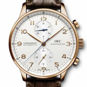 Iwc Portuguese Silver Dial Chronograph Rose Gold Leather Automatic Mens Watch Iw371480