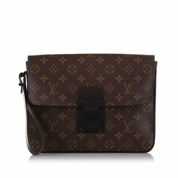 Brown LV Monogram Macassar S Lock A4 Pouch Clutch Bag