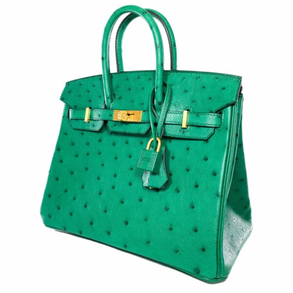 HM Birkin 25 Malachite Ostrich Special Order Horseshoe Stamp Brushed Gold Hardware - Image 3