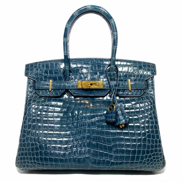 HM Birkin 30 Blue Tempete Porosus Crocodile Gold Hardware